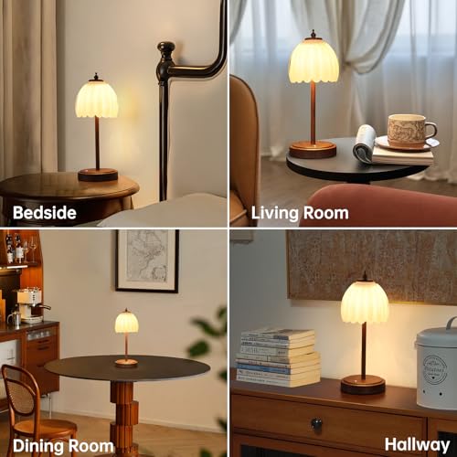 Image of Shenmoyl Tulip Table Lamp with 5200mAh Battery & Touch Control, Small Cordless Table Lamp with 3 Colors, Rechargeable Battery Operated Table Lamps for Bedroom, Desk, Bedside (White-Walnut Color)