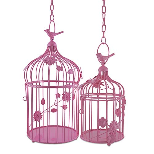 Image of Homesake Hot Pink Hanging Metal Lantern Candle Holders Set of 2 with Floral Vine & Hanging Chain, Decor Tealight Candle Lanterns for Balcony, Patio, Garden, Living Room, Return Gifts for Pooja