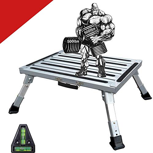 HELESIN RV Step, Adjustable Height Aluminum Platform Step，RV Step Stool Supports Up to 1000lbs Includes Handle, Non-Slip Rubber Feet, Durable Construction, Easy to Store and Transport
