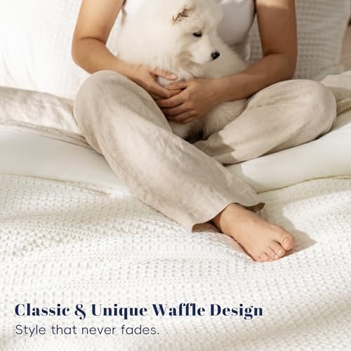 Image of PHF Soft Waffle Comforter Set Queen Size- Comfy Breathable Waffle Weave Comforter with 2 Pillow Shams, 3 Pieces Less Snagging Lightweight Textured Bedding Set for All Season, Cream