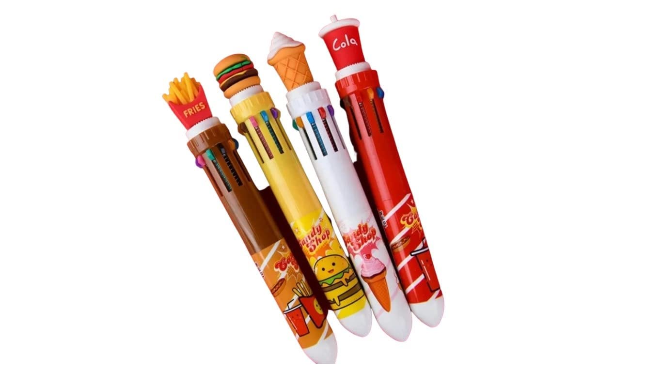 VR Creatives Cutest Designer 10-in-1 Multi Color Ballpoint pen, Cola, Burger, Fries, Ice cream design ballpoint Pen, Multi color writing Pen, Creative pen (Set of 04 Pcs.)