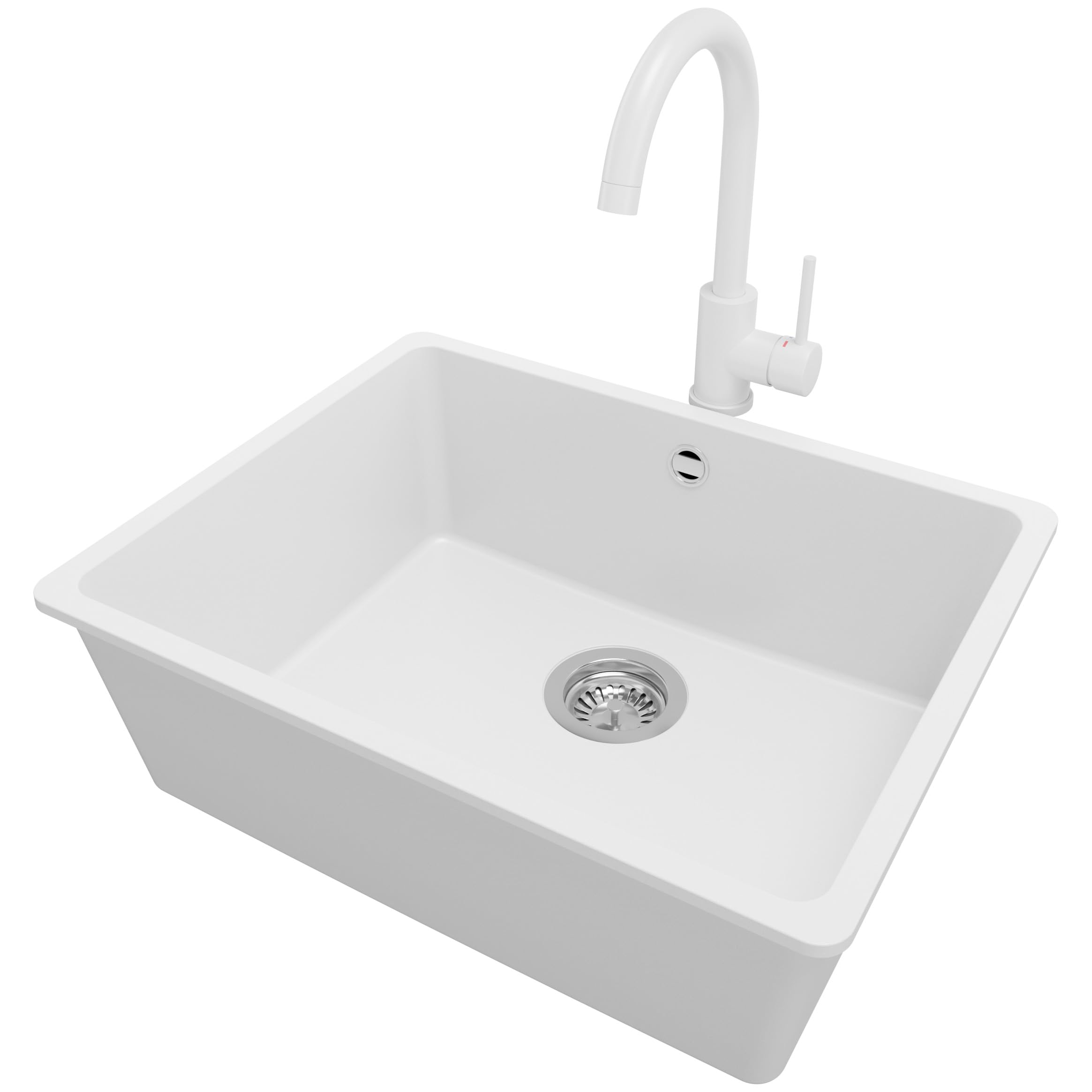 PRIMAGRAN Fregadero Granito Blanco - Venecia Easy Slim, 56x44cm | Cocina 1 Seno + Grifo 32x20cm + Set de accesorios, sobre Encimera al Mueble 60cm (S073)