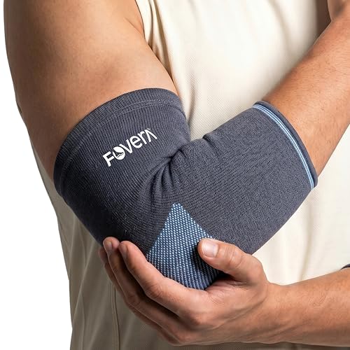 Image of FOVERA Elbow Support Compression Sleeve for Tennis Elbow, Golfer's Elbow, Tendonitis Pain Relief | Ideal for Workout, Tennis, Volleyball, Cricket for Men & Women (Size - XL, 1 Pair, Grey)