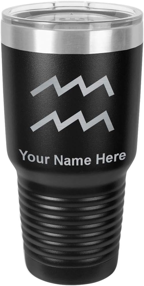LaserGram 30oz Vacuum Insulated Tumbler Mug, Zodiac Sign Aquarius, Personalized Engraving Included (Black)