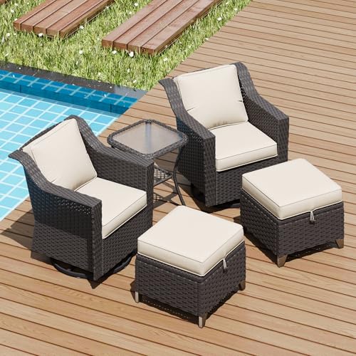 Image of 5 Pieces Patio Conversation Furniture Set - Swivel Chairs with Ottomans Set of 2, 1 Side Table, Outdoor Wicker Furniture Set with Washable Cushions for Porch, Balcony, Sunroom (Beige) | Patio Chair Set with Olefin Removable Cushion, All-Weather Glider Swivel Chair Set with Deep Seat for Porch, Deck, Beige