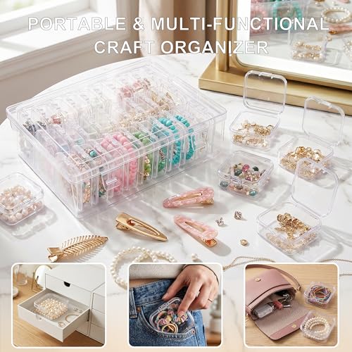 Image of Exptolii Small Bead Organizer Box, 45Pcs Clear Plastic Case Mini Dimond Bead Storage Containers with Hinged Lids and Rectangle for Bracelet Making DIY Jewelry Craft Nail Small Parts