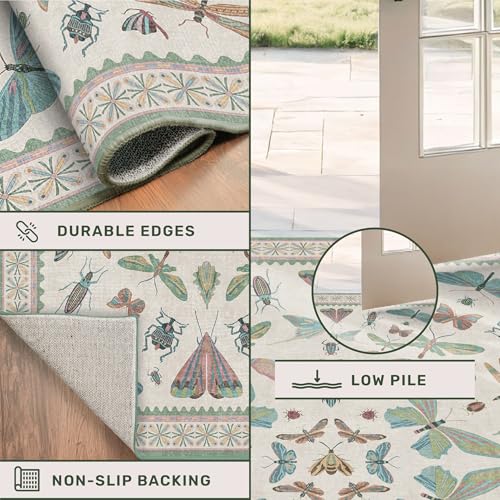 Image of Insect Print 8ft Long Hallway Runner Rug - 2'6''x8' Light Green Rug for Kitchen Floor, Wide Entryway Runner Rug, Washable Non Slip with Rubber Backing, Cool Butterfly Indoor Decor