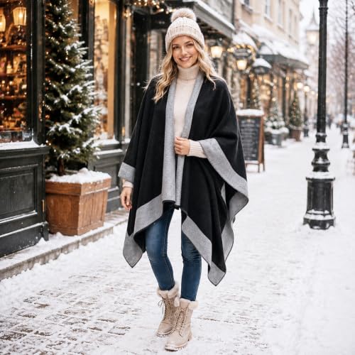 Image of Plaid Shawl Wrap for Women Boho Open Front Poncho Wrap Fall Winter