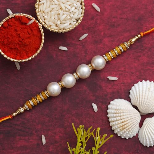 Image of eCraftIndia Pearls Rakhi for Brother with Best Bro Ever Fridge Magnet and Roli Chawal Pack