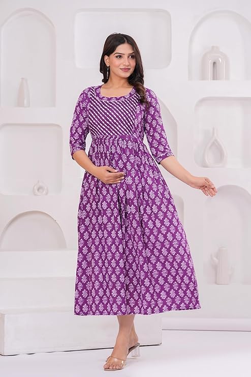 Image of Women Feeding Kurti for Women Cotton Maternity Kurta with Nursing Zip for Pre & Post Pregnancy