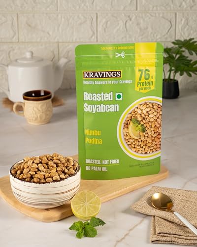 Image of Kravings Roasted Soyabean Protein Snack | 38g Natural Protein per Pack | Roasted Not Fried | Crunchy, Tasty & Delicious | Healthy Protein Rich Snack | Protein Mix & Pudina Soyabean Flavor (Pack of 2, 200g Each)