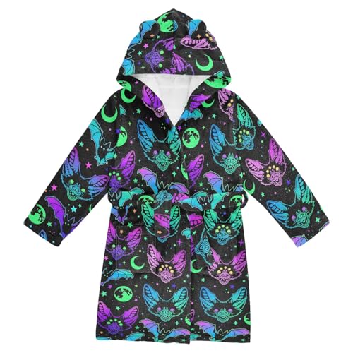 WIFIU Toddler Baby Hooded Bathrobe for Boys Girls Multicolored Bright Bats Printed, Soft Plush Bath Towel Robe with 2 Pockets for 7-9 Years