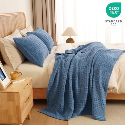 Image of PHF 100% Cotton Waffle Throw Blanket for Couch, Lightweight Breathable and Soft for Summer, Luxury Aesthetic Waffle Weave Blanket for Home Decor & Office, Gifts for Women, 50 inchx60 inch, Denim Blue