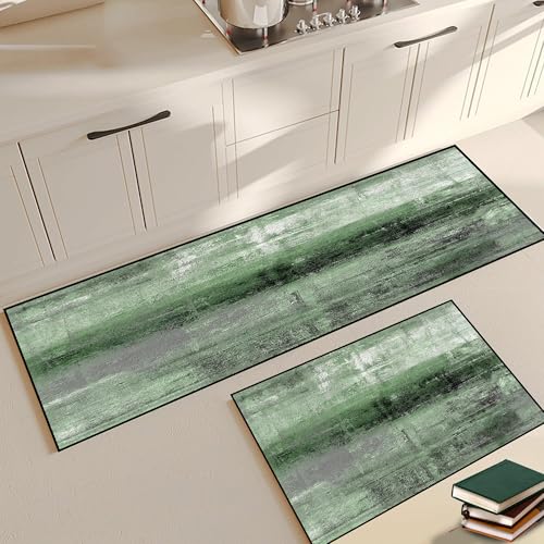 Kitchen Rugs Sets 2 Piece, Abstract Kitchen Runner Rug, Farmhouse Kitchen Rugs and Mats Set, Non-Slip Kitchen Floor Mat for Laundry Room Entryway Hallway,16"x24" + 16"x47",Sage Green 06 16"x