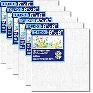 OFIXO Cotton Canvas Board Medium Grain 6 X 6 Inch – Pack of 6 – White