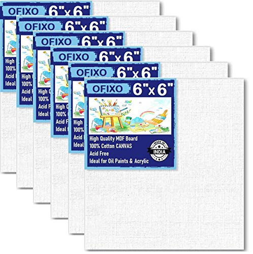 OFIXO Cotton Canvas Board Medium Grain 6 X 6 Inch – Pack of 6 – White