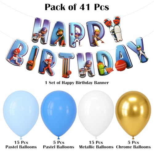 Image of Rozi Decoration Cricket Theme Birthday Decoration Kit with Pastel, Metallic & Chrome Balloons, Paper Banner - 41 Pieces Cricket Birthday Party Decoration Combo Set