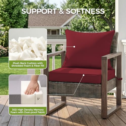 Image of UNIKOME 22 inchx22 inchx3 inch Outdoor Chair Cushions Set - Waterproof Patio Cushions for Outdoor Furniture with Removable Cover, Ties & Handle, Deep Seat Patio Cushions for Sofa Couch - Burgundy