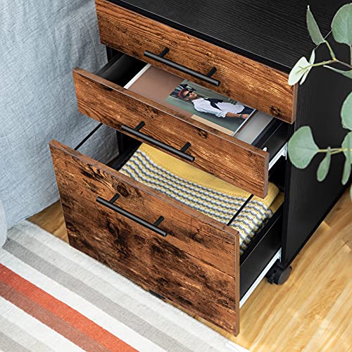 Image of HOOBRO 3-Drawer File Cabinet, Wooden Under Desk Filing Cabinet, fits A4 /Letter Size for Home Office, Small Rolling Storage Drawer Chest, Printer Stand with Drawers, Rustic Brown and Black BF02WJ01G1