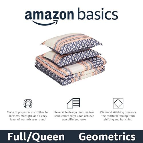 Image of Amazon Basics Lightweight Microfiber Comforter Set, 3-Pieces, Gray Geometrics, Full /Queen