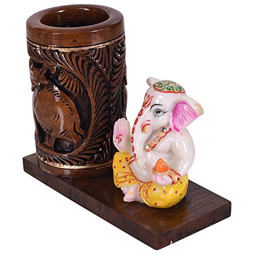 Image of Craft Trade 14x11 Cm Round Carved Wooden Pencil Holder with Ceramic Ganesha Statue - White Brown