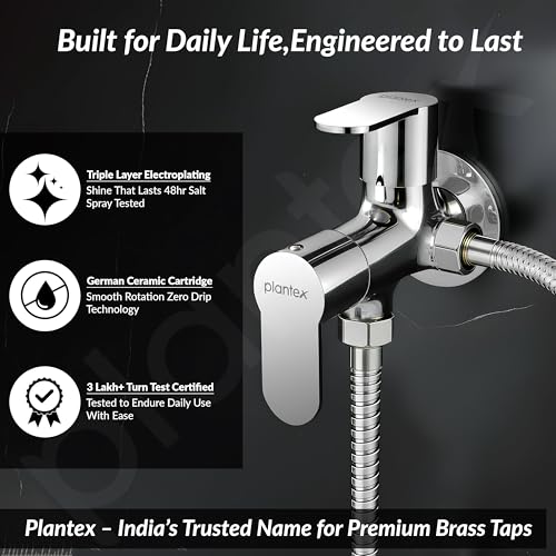 Image of Plantex Pure Brass Angle Valve 2 in 1 /Two Way Angle Cock Tap with Wall Flange & Teflon Tape /Angle Valve for Bathroom with 7 Year Manufacturer's Warranty- (Alpha, Chrome)