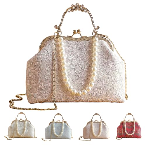 Vintage Chinese Lace Embroidery Pearl Crossbody Bag Evening Bag with Chain Strap for Women