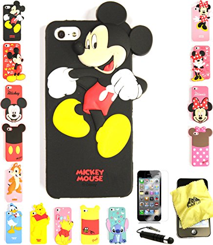 Bukit Cell ® 3D Cartoon Case Bundle - 4 Items: Animated Mickey Cute Silicone Case Cover for iPhone SE 5S 5 5G + BUKIT CELL Trademark Cloth + Screen Protector + Metallic Stylus Touch Pen