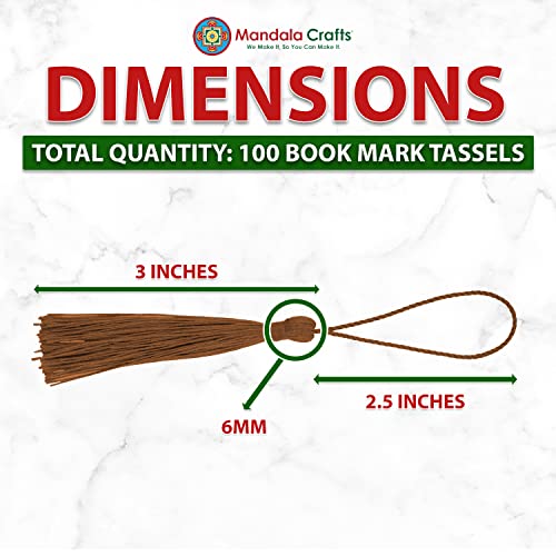 Image of Mandala Crafts Small Brown Bookmark Tassels - 100 Bulk Silky Mini Craft Tassels with Loops for Bookmarks, Jewelry Making, Graduation Decorations, and Keychains