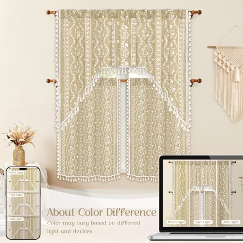 Image of Yinhua Boho Swag Valance Curtains Vintage Linen Valances for Windows Light Filtering Floral Kitchen Valance Rod Pocket Farmhouse Rustic Tassel Window Valances for Bathroom Cafe, 60 inch W x 36 inch L, Natural
