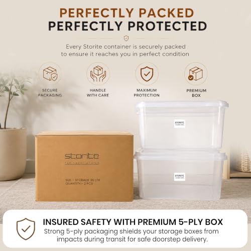 Image of Storite 2 Pcs 35L Premium Plastic Storage Box with Lid-Stackable Organizer | Storage Box for Clothes, Kids Toys, Kitchen - Plastic Storage Container Basket for Home, Office, Bathroom(Transparent)