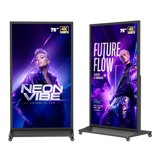 Image of 75-inch Full Screen Digital Signage Display, 4K UHD Floor Standing Kiosk with Heavy-Duty Wheels, Android 11 OS Smart Advertising Poster Media Player for Retail, Business, Restaurant, Hotel
