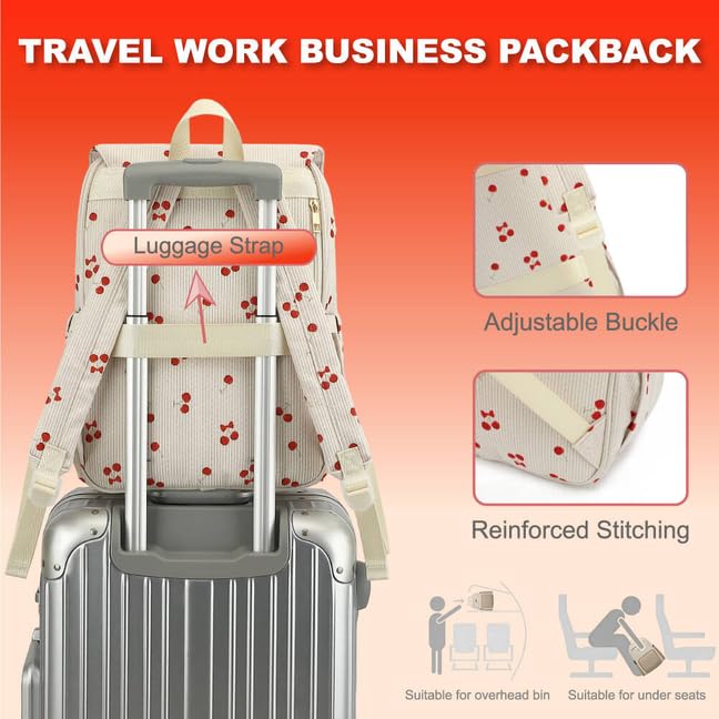Image of Women Laptop Backpack, Corduroy 15.6 inch Travel Backpack for Work College Business, Teacher Nurse Bag with Large Capacity School Bookbag Bags for Girls - Cherry Bow Beige