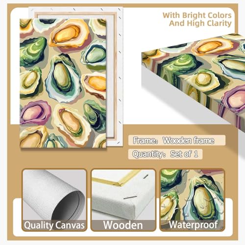 Image of Colorful Beachy Shell Canvas Wall Art Funny Coastal Oyster Shell Poster Abstract Summer Seaside Beach House Prints Painting For Home Living Room Kitchen Restaurant Wall Decor 24x36in Framed