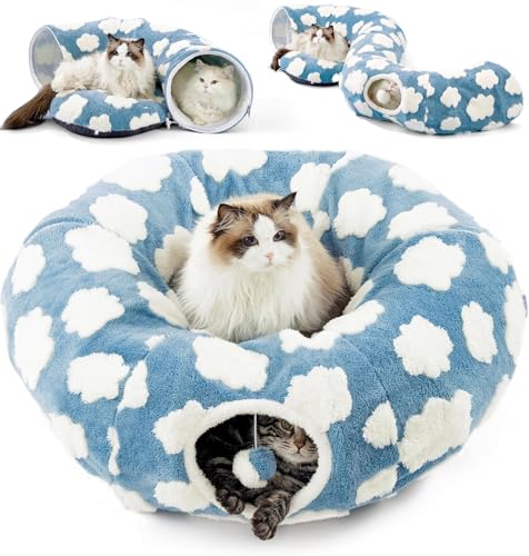 YOUWE7 Cat Tunnel Bed for Indoor Cats - Cute Cat Donut Tunnel Toys with Washable Circle Cushion Round Pet Peekaboo Cave Toy for Kitten/Puppy/Rabbit (Blue)