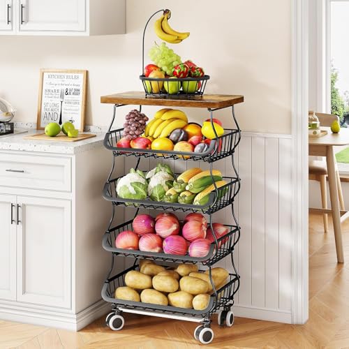 Image of Abja 5 Tier Vegetable Stand, Onion Potato Rack, Kitchen Trolley with Wheels, Metal & Wood Stand for Kitchen Storage Rack, Stackable Baskets (Black, Rustic Brown Top)