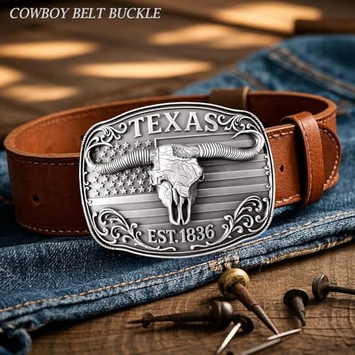 Cowboy Belt Buckle for Men Women Vintage Rodeo Texas Map 1836 Longhorn bull Western Belt Buckles