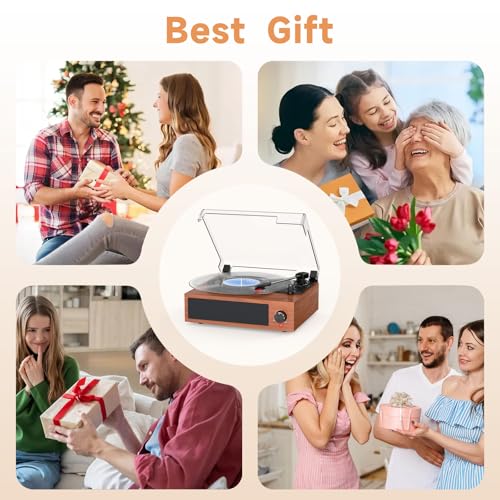 Image of Vinyl Record Players Vintage Turntable with Speakers Belt-Driven Turn Tables Support 3-Speed Bluetooth Wireless Playback RCA Line LP Phonograph Auto Stop Retro Walnut Red