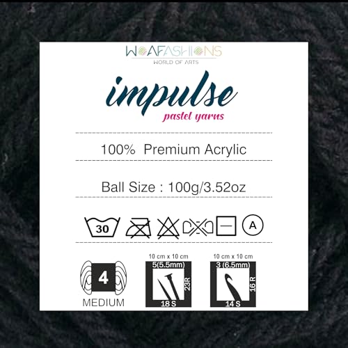 Image of WOAFashions Impulse Hand Knitting & Crochet Yarn, Premium Acrylic, 4 : Medium (Black) (2x100gms / 3.5oz / 200mtr / 218yds)