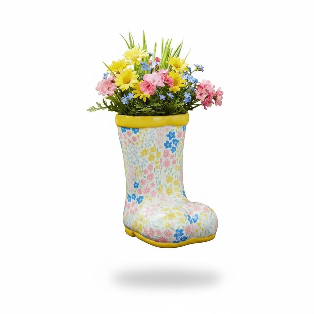 Bloomingtons Direct Yellow Ceramic Double Wellington Boot Shaped Indoor Plant Pot, Floral Print Large Welly Boots Planter Plant Pot Gardening Ornament Indoor/Outdoor Plant Pot Herb Seedling Bulb Flower Pot Planter