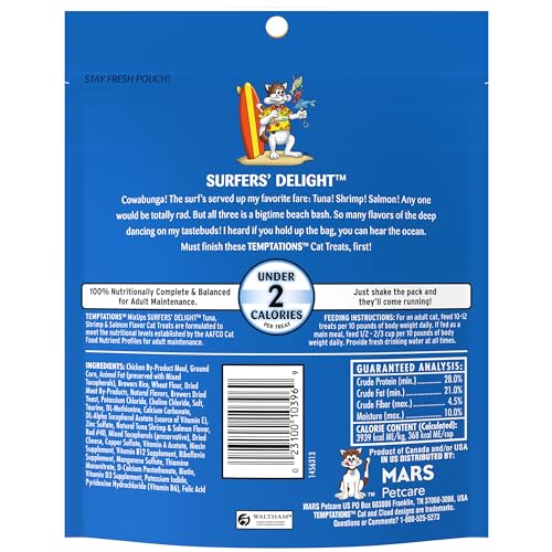 Image of Temptations MixUps Crunchy Cat Treats, Surfer's Delight, 6.3 oz, 10 Pack | Tuna, Shrimp & Salmon flavors, under 2 calories per treat, resealable value-sized pouch, crunchy outside soft inside