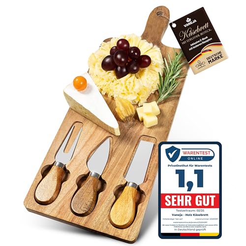 VANEJA Premium Käsebrett, Schneidebrett aus Holz, 42 x 15,5 x 1,5 cm, Käsebrett mit Messer Käseschaber Käseplatte aus Holz Holzplatte Käse Cheese...