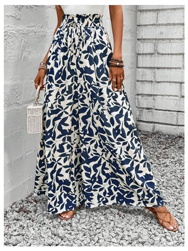 MakeMeChic Women's Floral Wide Leg Trousers Elastic High Waist Frill Trim Loose Long Palazzo Pants4