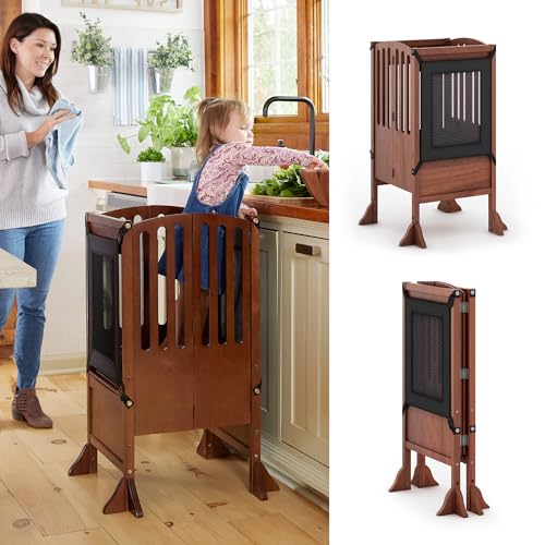 Image of Guidecraft Contemporary Kitchen Helper® Stool with 2 Keepers - Walnut: Adjustable Height Wooden Counter Step Stool for Toddlers