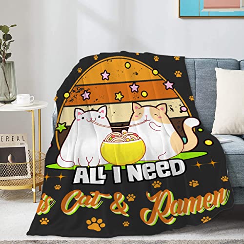 Homiehug All I Need is Cat & Ramen Cute Animal Soft Blanket Flannel Cozy Fuzzy Cute Throws for Nap Bed Couch Home Decor Tapestries Plush Gifts Non-Shedding 50