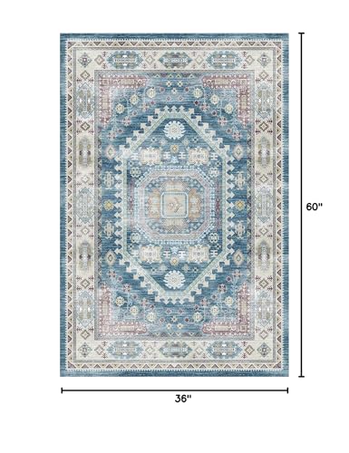 vivorug 3x5 Rug, Small Area Rug for Living Room, Bedroom, Kitchen, Machine Washable Non-Slip Throw Rug, Vintage Distressed Medallion Carpet for Entryway Nursery Dinner Room - Durable (Blue)
