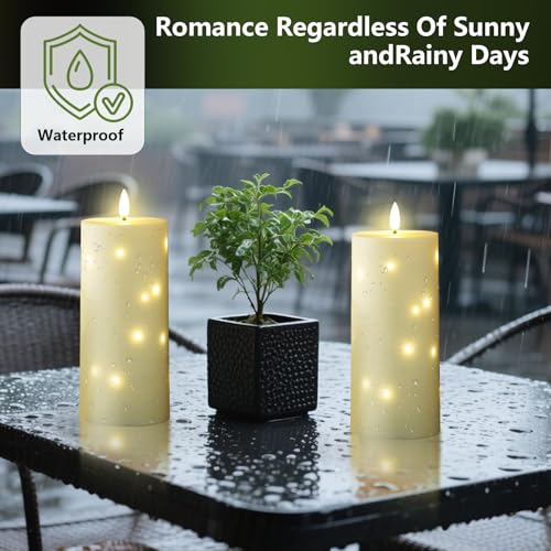 Image of kakoya 10 inch x 4 inch Large Outdoor Waterproof Flickering Flameless Candles with Timer,4Pcs Battery Operated LED Pillar Candles with Embedded Star String for Outdoor Lanterns,Porch,Patio Decor(Ivory)