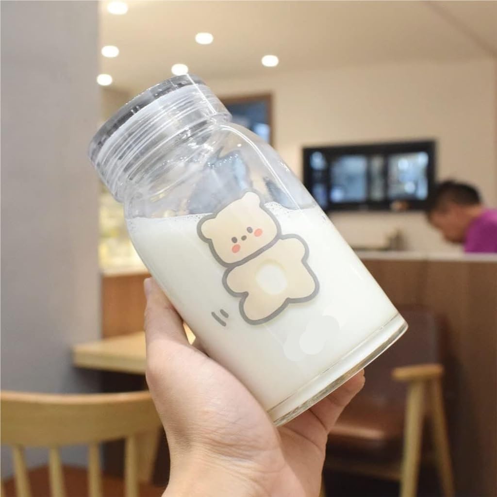 Bicchiere d'Acqua in Vetro Trasparente con Cinturino in borosilicato Resistente al Calore, con Motivo a Orso Marrone, Scuola e Sport
