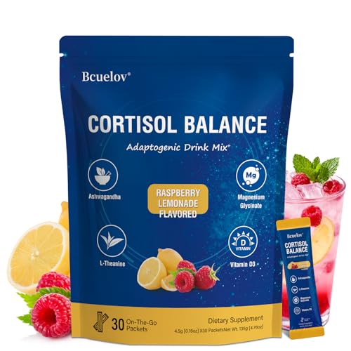 Calm Cortisol Reducer Powdered Drink Mix Cortisol Reducer and Sleep Aid Supplement with Magnesium Glycinate Ashwagandha L-Theanine Vitamin D 3 for Sleep & Relaxation 30 Ct (Raspberry Lemonade)