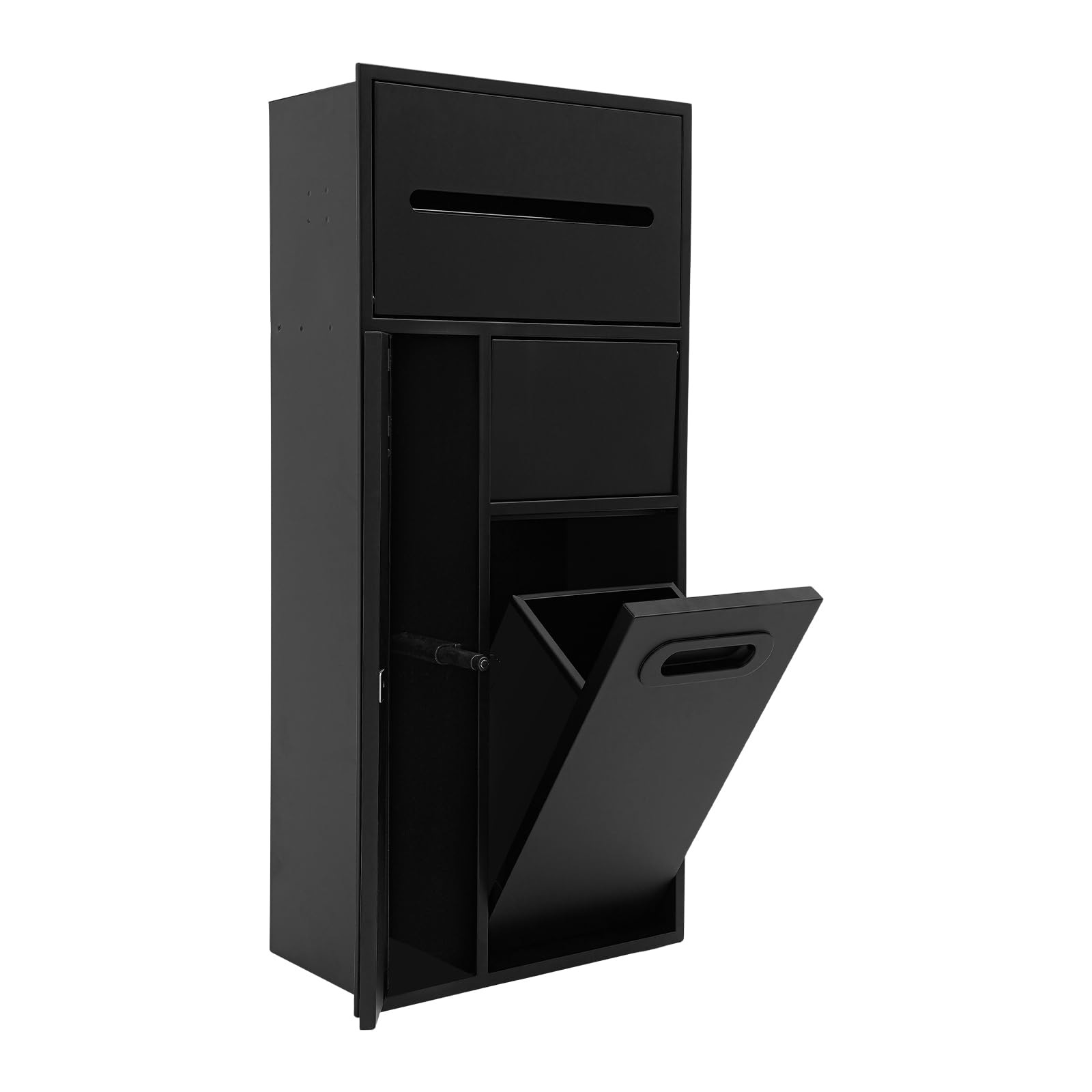 Toilettenpapierhalter Unterputz 3-in-1, Edelstahl Einbau-Mülleimer, Eingebaute Nische mit Toilettenpapier- und Bürstenhalterung, Badezimmer-Schrankmodul, 30x14x65 cm (Schwarz)